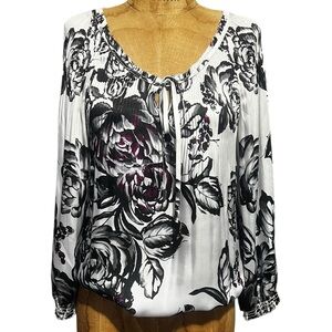 White House Black Market Black, White, Purple Floral Blouse S